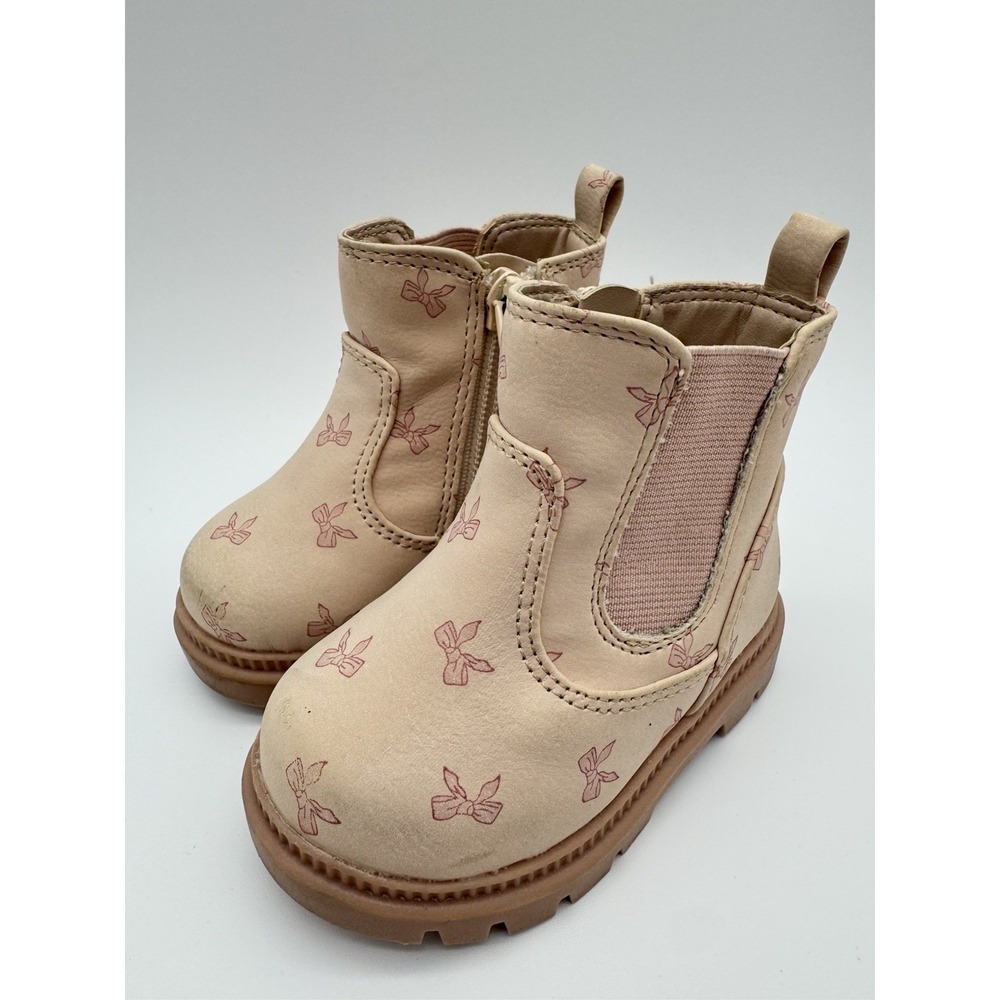 Toddler Girls Chelsea Boots‎ Size 3 Pink Bow Print Side Zip Casual